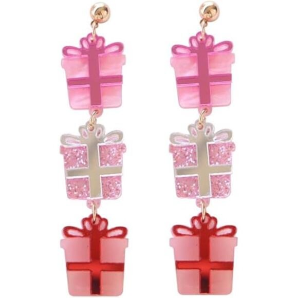 🎄 Pink Christmas Gift Box Earrings | Cute Holiday Dangle Jewelry | Festive Gift - Picture 6 of 6